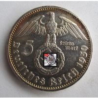 Германия 5 марок 1939 G, серебро  .36-48