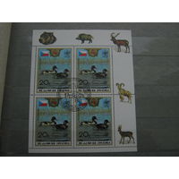 Марки - фауна Корея 1988 блок утки водоплавающие медведь кабан олень косуля флаги гербы символика
