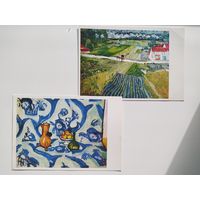 2 открытки. 1988 год. Натюрморт с голубой скатертью. Пейзаж в Овере. После дождя.