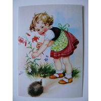 Современная открытка, Девочка и ежик; чистая.