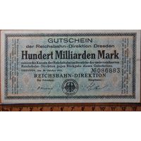 100 миллиардов марок 1923г. Дрезден -Рейхсбан-Железная дорога-