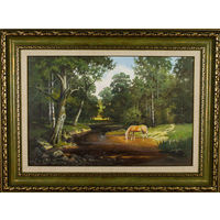Картина маслом "Лошадь у реки" в багетной раме. 40*60см