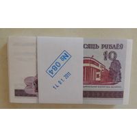 Банкноты РБ номиналом 10 руб. образца 2000 г., серия ГА, (Корешок - 100 шт. с 4502301 по 4502400)