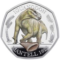 Великобритания 50 пенсов 2020г. "Динозавр: Iguanodon ". Монета в капсуле; магнитном подарочном акриловом футляре; номерной сертификат; коробка. СЕРЕБРО 8гр.