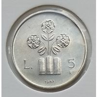 Сан-Марино 5 лир 1987 г. 15 лет возобновлению чеканке монет. В холдере