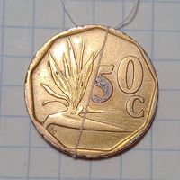 50 центов 1991 ЮАР  Брак, разворот( поворот) + линейные царапины на аверсе и реверсе.