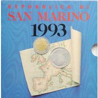 Сан-Марино 1993 год. 1, 2, 5, 10, 20, 50, 100, 200, 500 и 1000 Лир. Нечастый официальный набор монет в буклете с серебром. Тираж 35.000 шт.