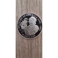 10 долларов 1990, Острова Кука, 500 лет открытию Америки, серебро
