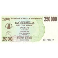 Зимбабве 250000 долларов образца 2008 года UNC p50