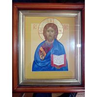 Рукописная икона "Господь Иисус Христос вседержитель", с киотом 36х31х7см. доска,  яичная темпера, левкас.