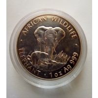 Замбия,5000 квач,серия Дикая природа.Слон 1999г,серебро 999,1 унция.