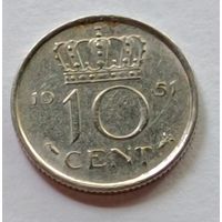 Нидерланды. 10 центов 1951 года.