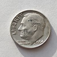 10 центов (дайм Франклина Рузвельта) США 1964 года, серебро 900 пробы. Монета не чищена. 15