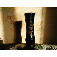 Японская старинная,деревянная,чёрно лаковая ваза. Ручная гравировка. Начало 20 века.