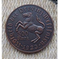 Германия. Нотгельды. Вестфалия 500 марок 1923 года. Лошадь. Аннетте фон Дросте-Хюльсхофф. Патина.