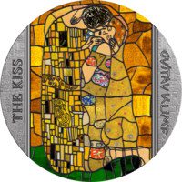 Гана 10 седи 2023г. "Витраж: Густав Климт - Поцелуй". 70 мм. Монета в капсуле; подарочной рамке - футляре; сертификат; коробка. СЕРЕБРО 62,20гр.(2 oz).