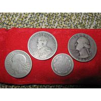 Монеты разные, серебряные 4 штуки.