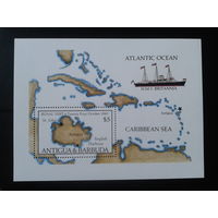 Антигуа и Барбуда 1985 Королевский визит, карта островов, корабль** Блок