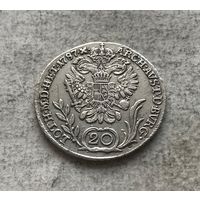 Австрия 20 крейцеров 1787 Иосиф II - Закрытый венок над головой (B - Кремница) - серебро