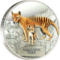 RARE Тувалу 1 доллар 2011г. "Вымирающие и вымершие: Тасманийский тигр". Монета в капсуле; подарочном футляре; сертификат; коробка. СЕРЕБРО 31,135гр.(1 oz).