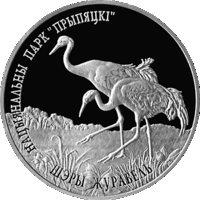 Национальный парк Припятский. Серый журавль. 20 рублей. Серебро.