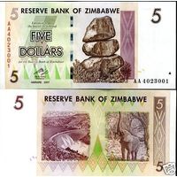 Зимбабве 5 долларов образца 2007 года UNC p66