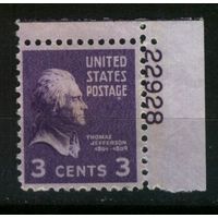 США 1938 Mi# 414 SC 807 (MNH**) Президент Thomas Jefferson.  С номером тиража