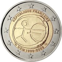 2 евро 2009 Франция 10 лет Экономическому и Валютному союзу UNC из ролла