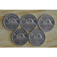 Канада 5 центов 1963,64,65,68,69 гг