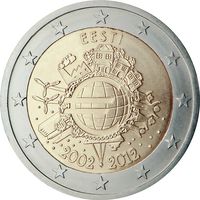 2 евро 2012 Эстония 10 лет наличному обращению евро UNC из ролла