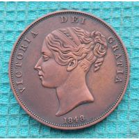 Великобритании 1 пенни 1848 года. Королева Виктория. Британия.