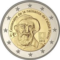 Франция 2 евро 2012 100-летие со дня рождения аббата Пьера UNC из ролла