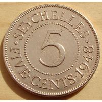 Сейшельские острова.  5 центов 1948 год  КМ#7 Редкая!!!   Тираж: 300.000 шт