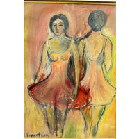 Картина "Танцовщицы", Monica Lorentzon, сер. 20 века. Масло. Уникальная техника пальцевой живописи
