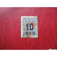 Марка надпечатка 10 центов на 2 аук. (новая цена) 1922 год Литва