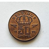 Бельгия 50 сантимов, 1999 Надпись на французском - 'BELGIQUE'