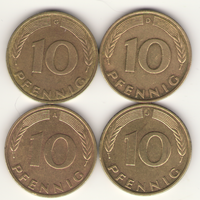 10 пфеннигов 1988 (D), 1992 (J), 1993 (A) г.