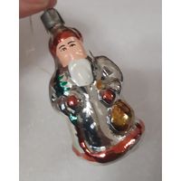 Игрушка ёлочная Дедушка Мороз с подарками (серебро), стекло. СССР