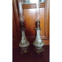 Парные керосинновые лампы. 19 век  Франция. Бронза фарфор.