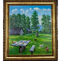 Картина маслом "Деревня" в багетной раме. 60*70см