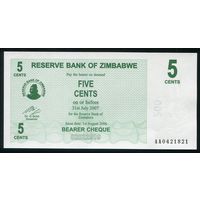 Зимбабве 5 центов 2007 г. P34. Серия AA. UNC