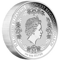Австралия 1 доллар 2015г. "Самый продолжительный правящий монарх Её Величество королева Елизавета II".Монета в капсуле; подарочном футляре; номерной сертификат; коробка. СЕРЕБРО 31,107гр.(1 oz).
