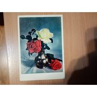 Открытка " Розы в вазе"1956 ( сорвана марка)