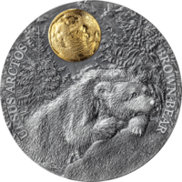 Ниуэ 5 долларов 2023г. "Бурый медведь". Монета в капсуле; деревянном подарочном футляре; сертификат; коробка. СЕРЕБРО 62,20гр.(2 oz).