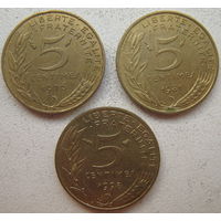 Франция 5 сантимов 1976, 1981, 1998 г. Цена за 1 шт.