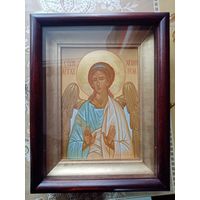 Рукописная икона с киотом "Ангел хранитель", 22х28х8см. доска, яичная темпера, левкас, золочение