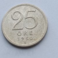 25 эре 1950 года Швеция. Серебро 400. Монета не чищена. 20