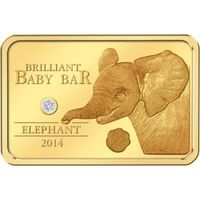 Ниуэ 5 долларов 2014г. "Слонёнок с бриллиантом". Монета в акриловой подставке; шикарном подарочном футляре; сертификат; коробка. ЗОЛОТО 1гр./БРИЛЛИАНТ 0,004ct.