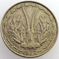 Западная Африка, 5 франков 1977 года, состояние XF, животные, газель, KM#2