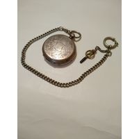 Старинные серебряные карманные часы C.FLEURY на серебряной цепочке с заводным ключом.На ходу.Вторая половина XIX века.